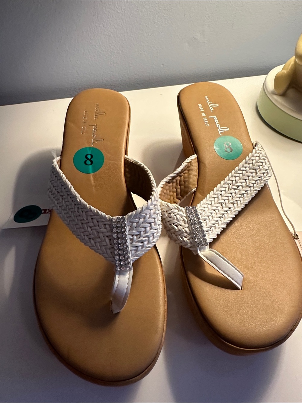 Mila Paoli White Braided Thong Wedge Sandals with Rhinestone Accent